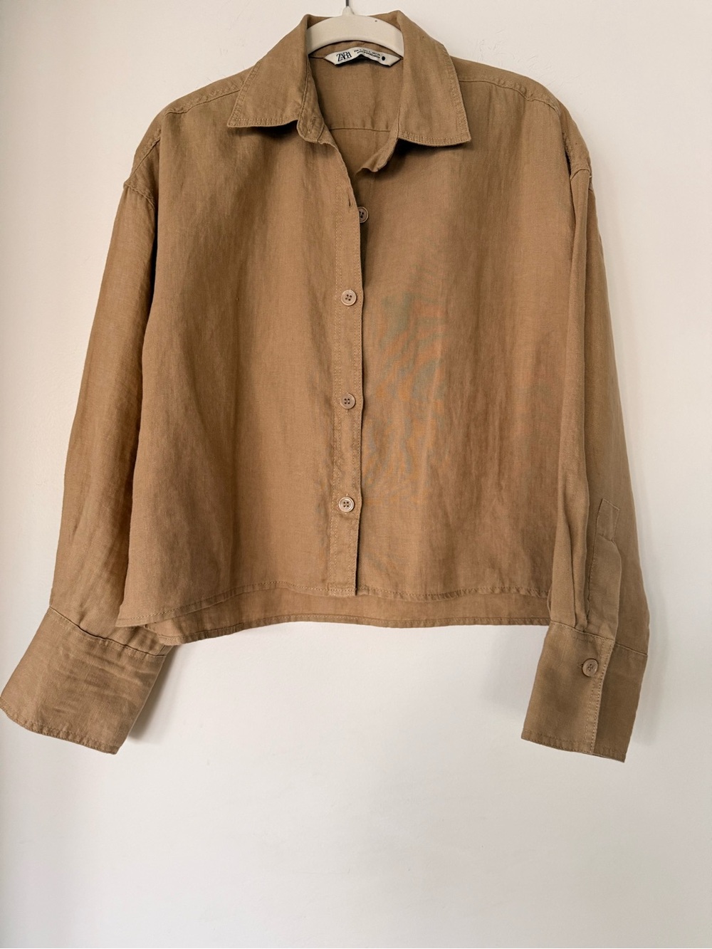 Zara Camel-Tan Button-Front Relaxed Linen Short Shirt